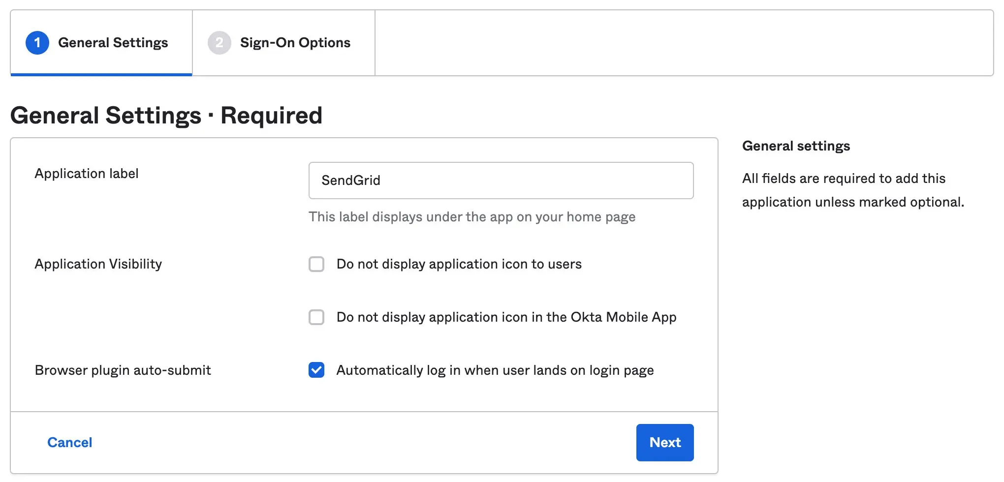 Okta settings page showing Twilio SendGrid app settings with options for visibility and provisioning.