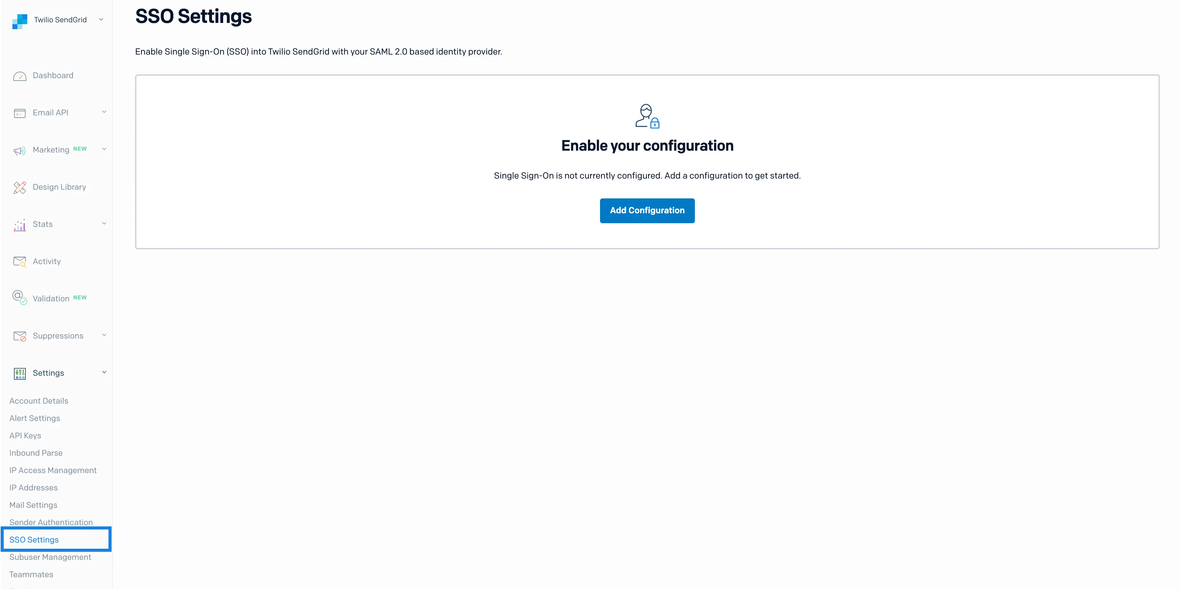 Twilio SendGrid SSO settings page with an option to add configuration.