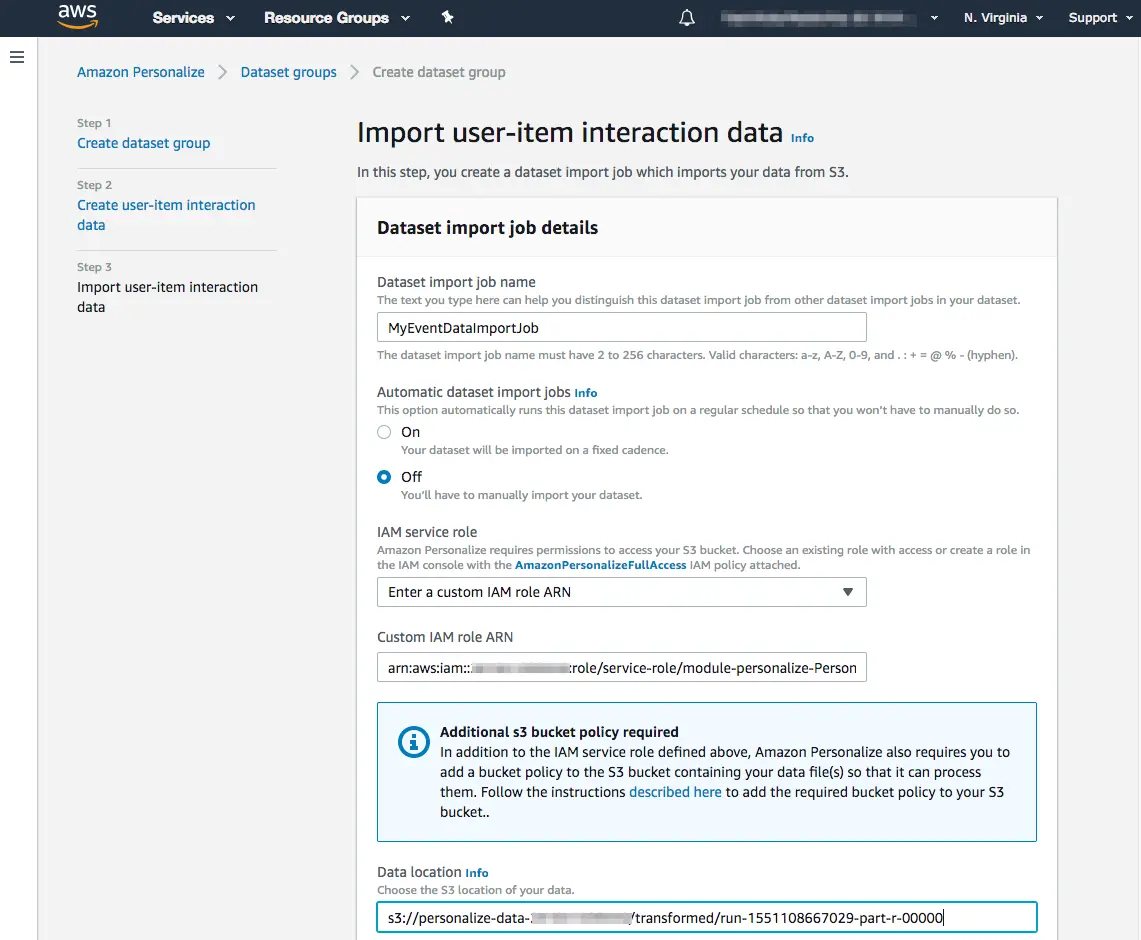 AWS interface for importing user-item interaction data with fields for dataset name, IAM role, and S3 data location.