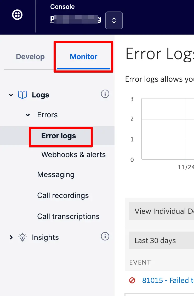 Monitor tab selected with Error logs expanded showing error details and graph.