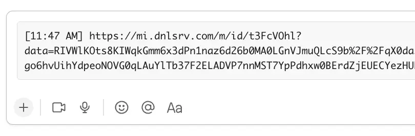 Slack message with a URL and encoded data string at 11:47 AM.