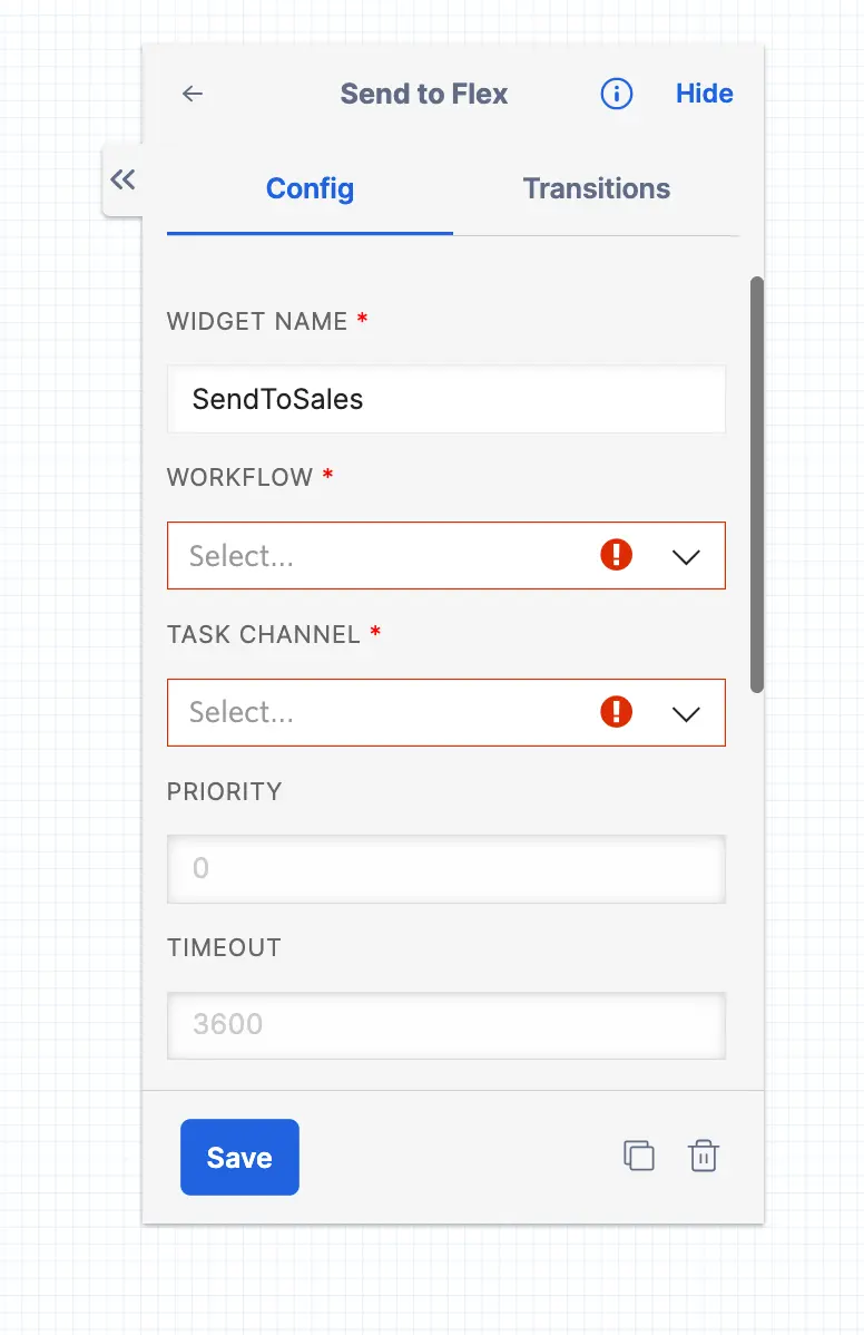 SendToSales widget configuration with fields for workflow, task channel, priority, and timeout.