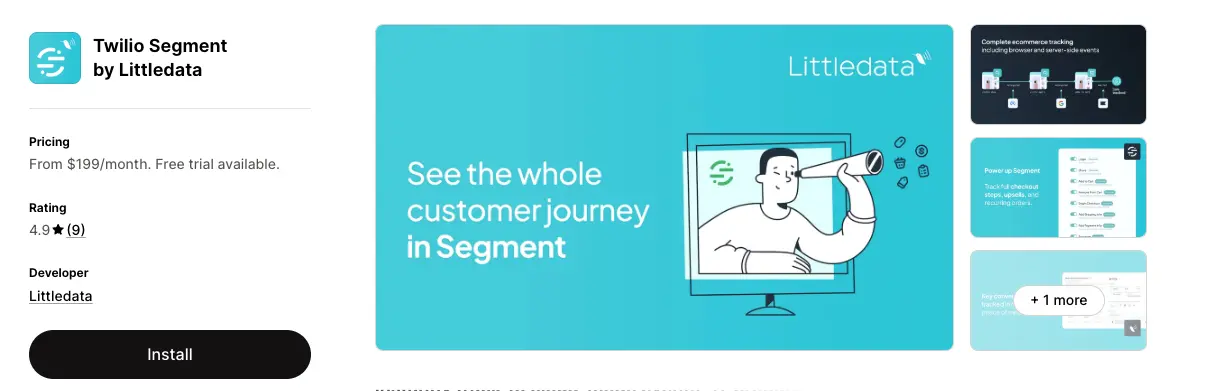 Segment app listing on Shopify with pricing, rating, and features like ecommerce tracking.