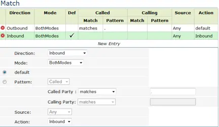 EdgeMarc rule settings showing inbound and outbound modes with match patterns and actions.
