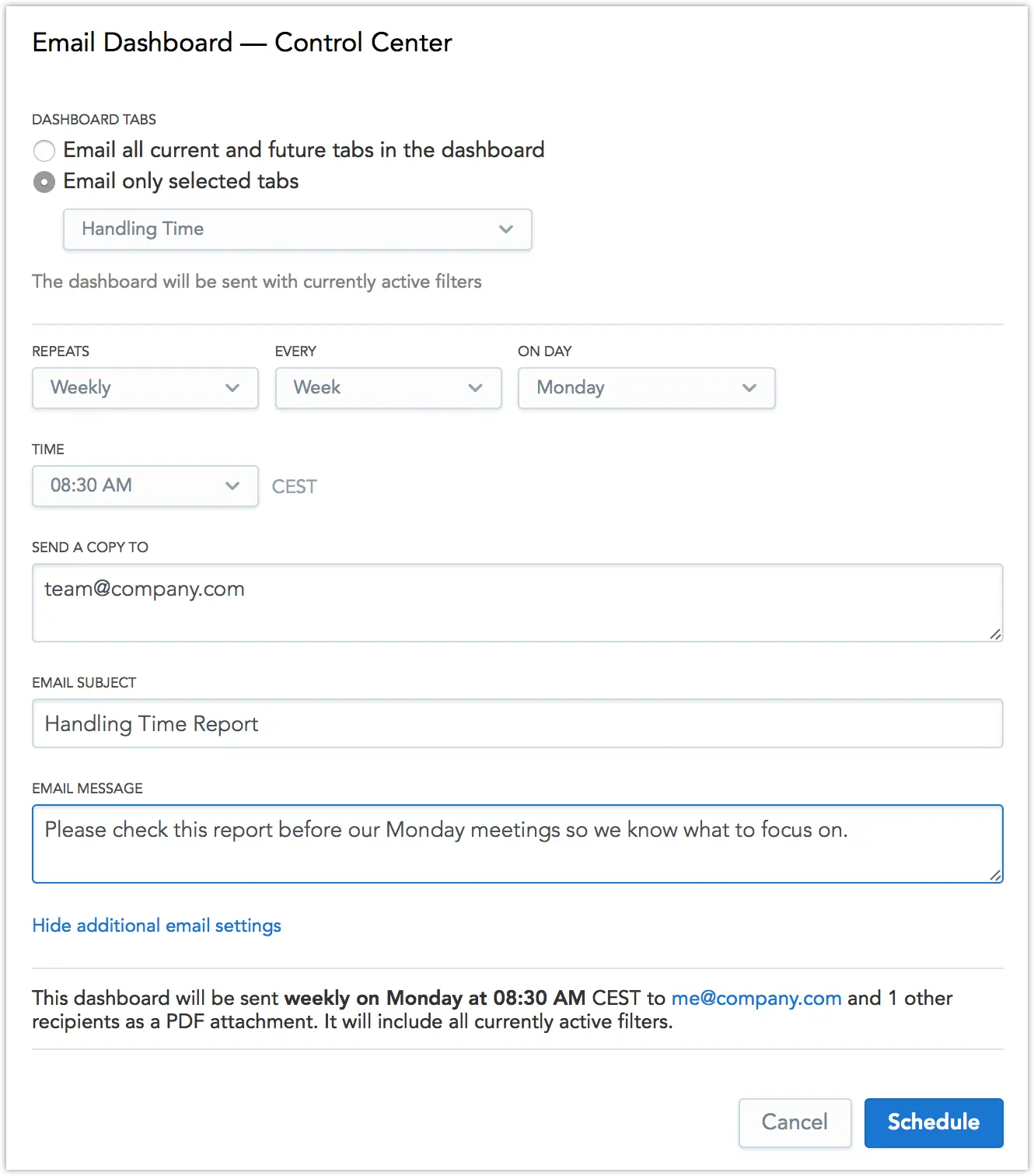 Email dashboard scheduling report for handling time sent weekly on Monday at 08:30 AM CEST.
