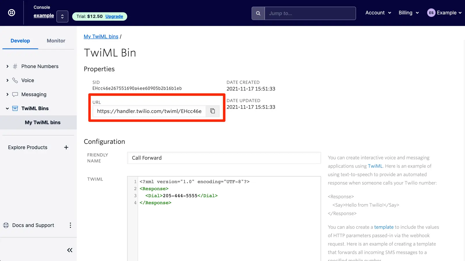 Highlighted URL in TwiML Bin properties for copying.