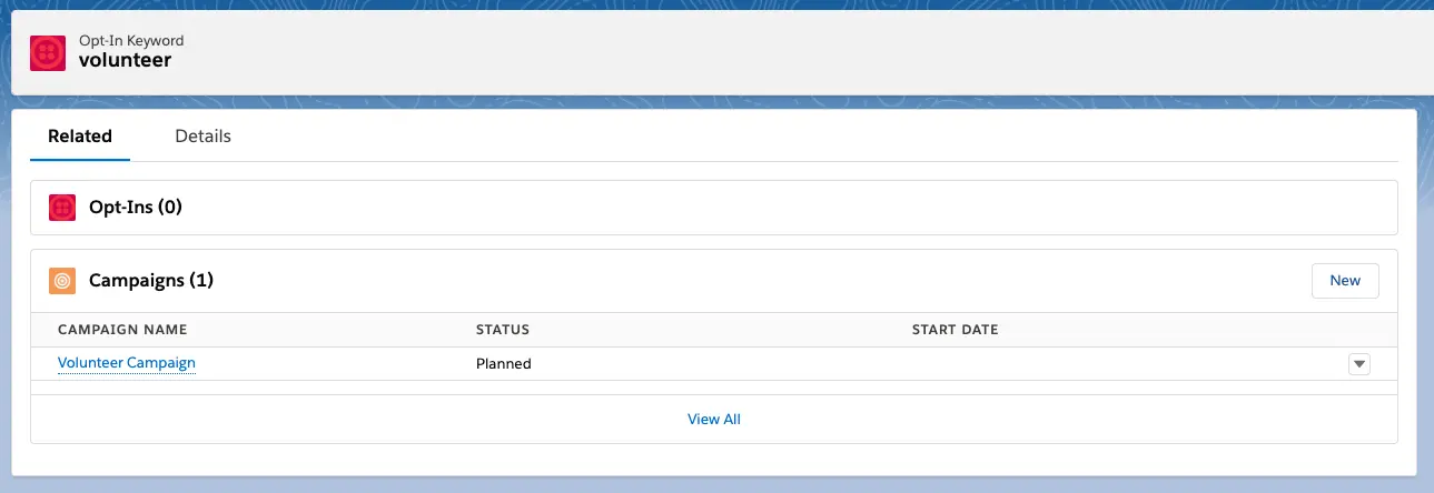 Volunteer campaign planned under Opt-In Keyword with one campaign listed.
