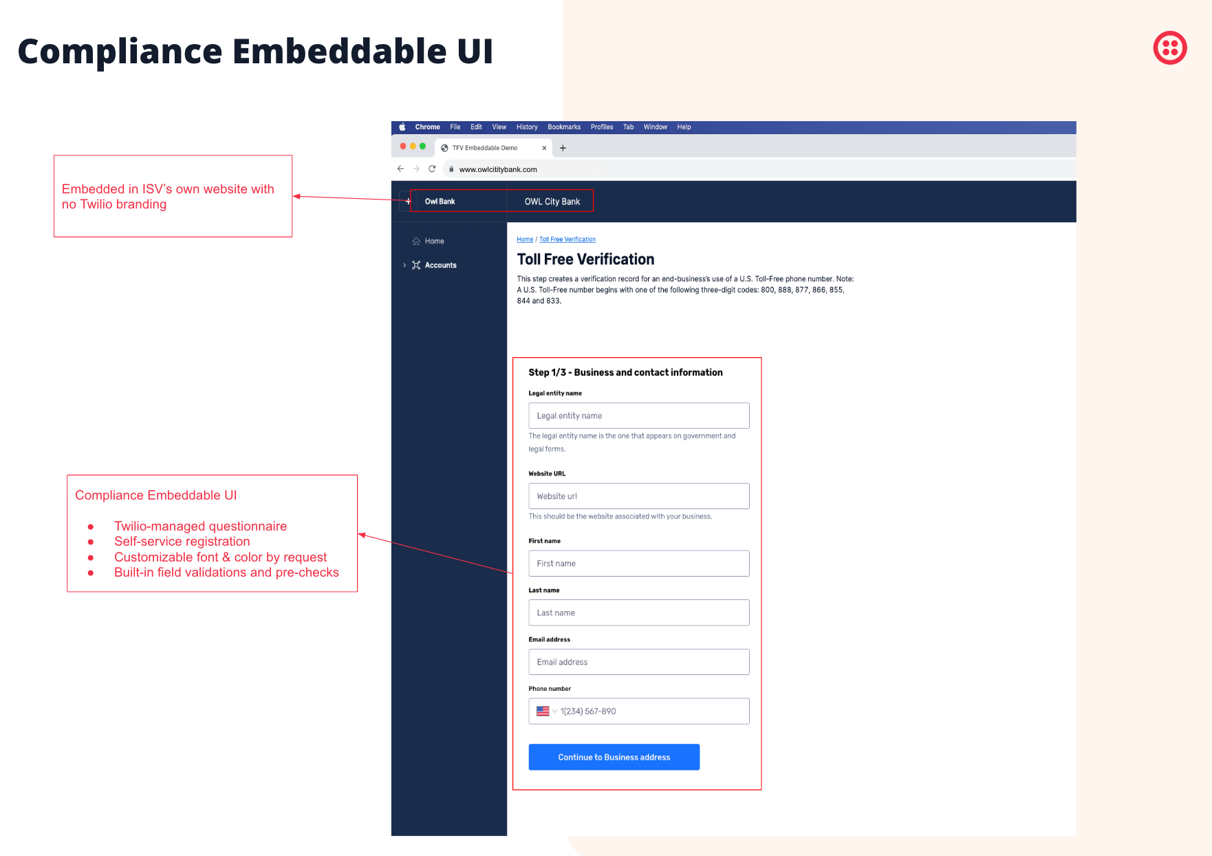 Twilio Compliance Embeddable UI embedded in ISV's website for Toll-Free Verification.