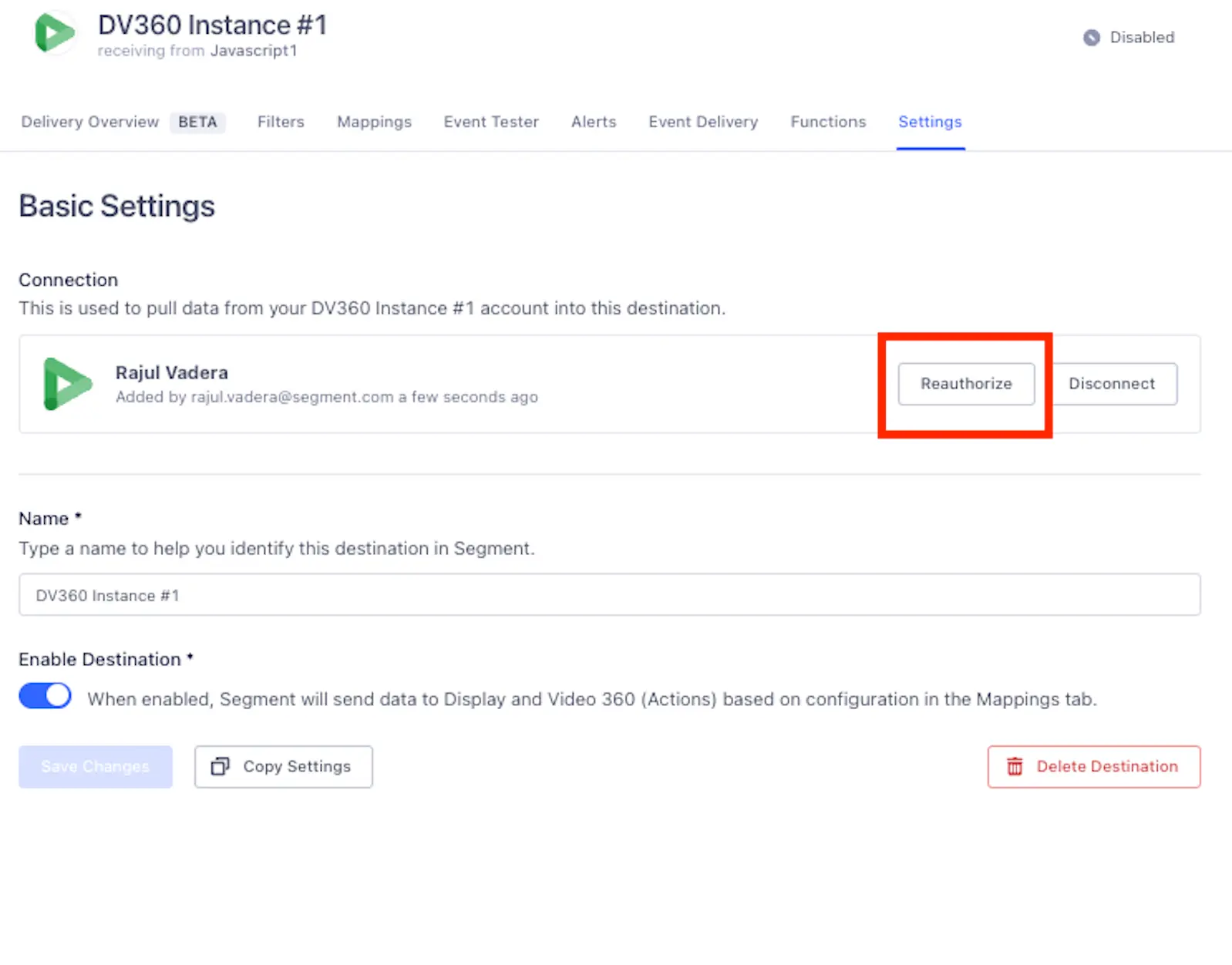 The Basic Settings for a DV360 destination, with the reauthorize button highlighted.