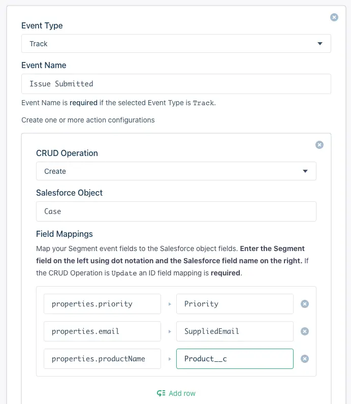 Salesforce action configuration for tracking 'Issue Submitted' with field mappings for priority, email, and product name.