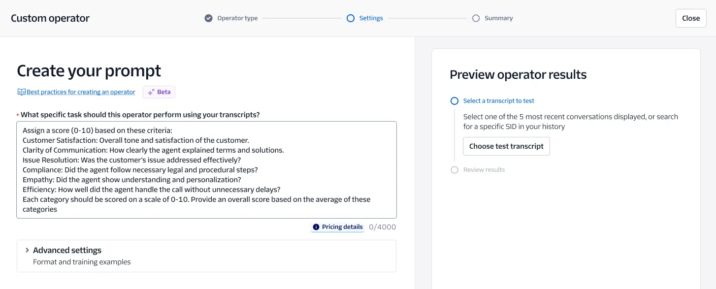 Custom operator prompt creation with criteria for scoring transcripts and preview results options.