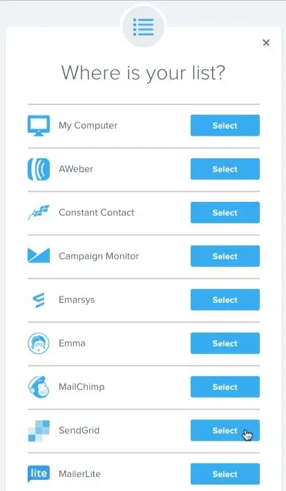 Interface showing list selection options including SendGrid with a select button highlighted.