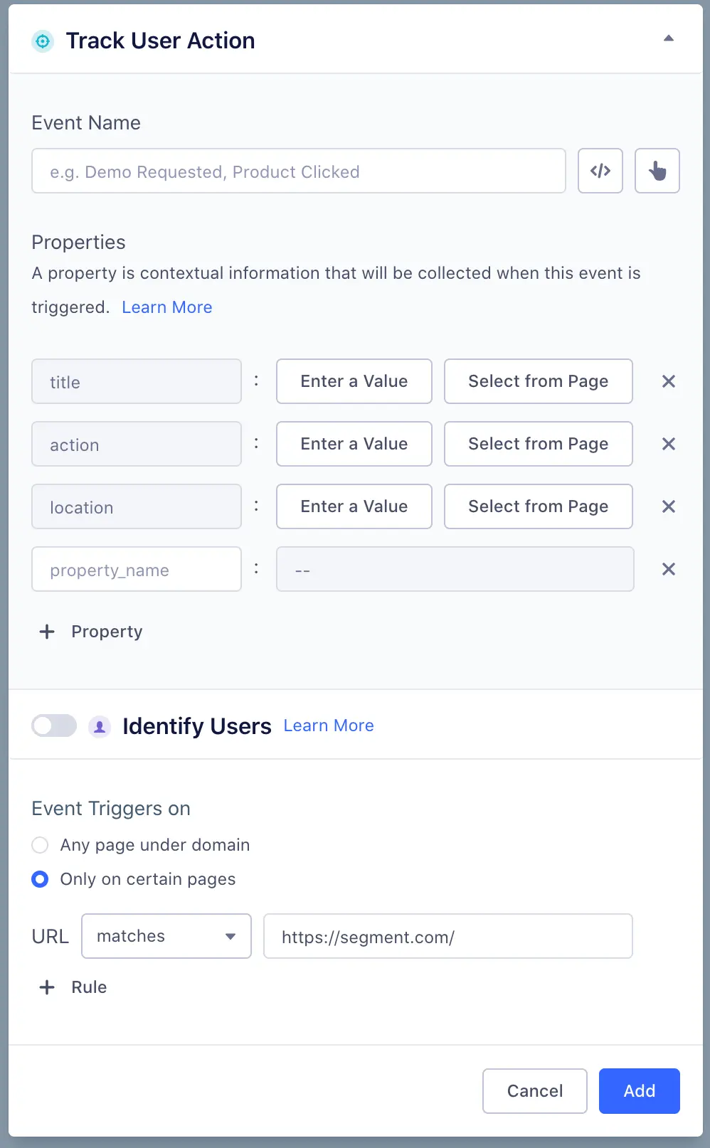 Track user action form with fields for event name and properties like title, action, and location.