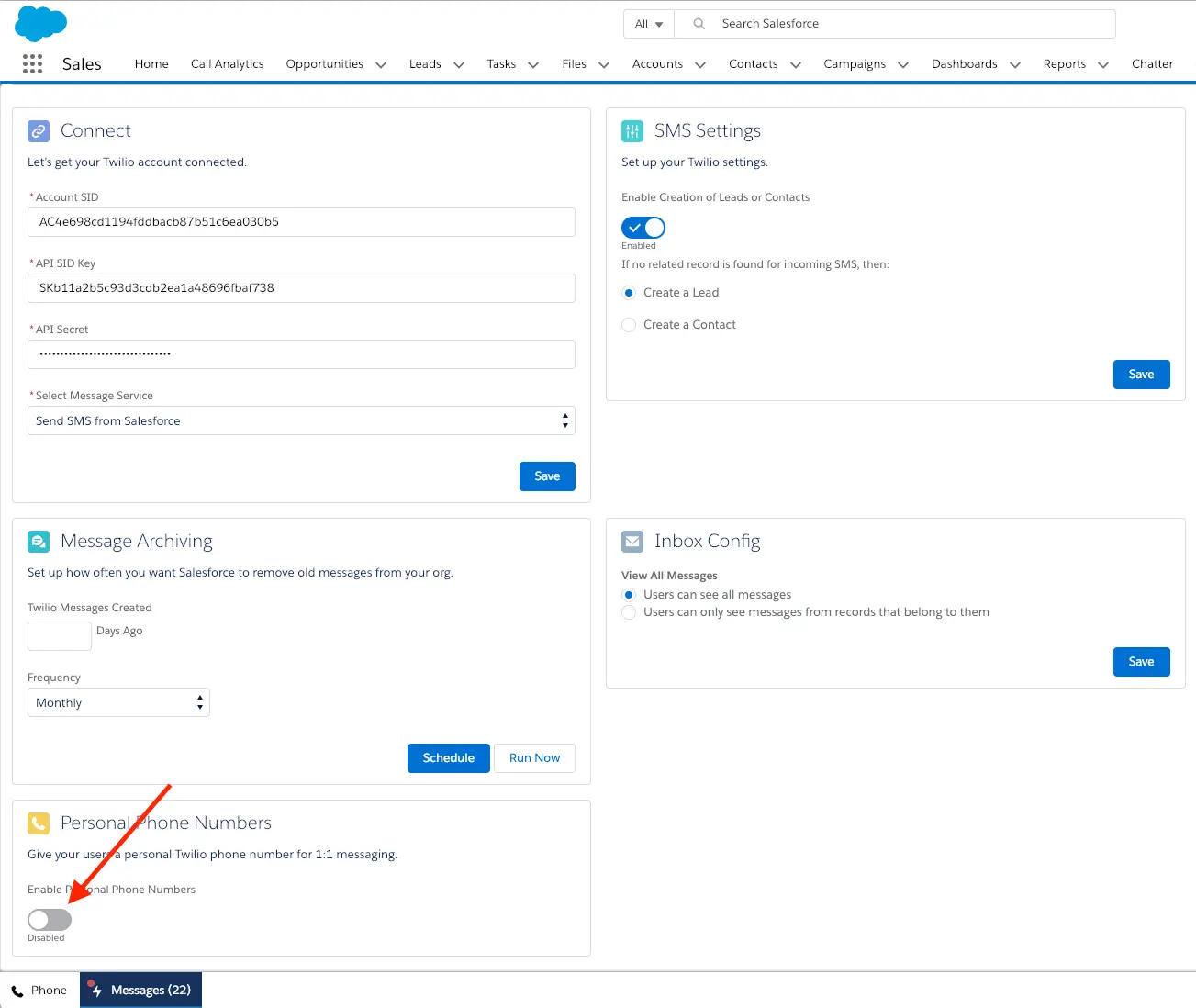 Twilio for Salesforce interface showing personal phone numbers with an 'Add New' button highlighted.