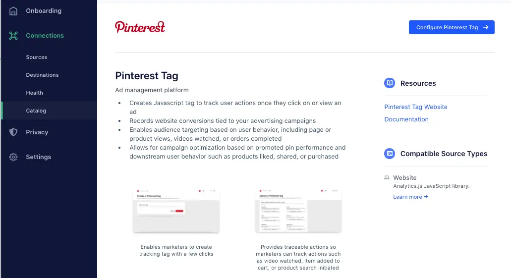 The Pinterest Tag menu page.