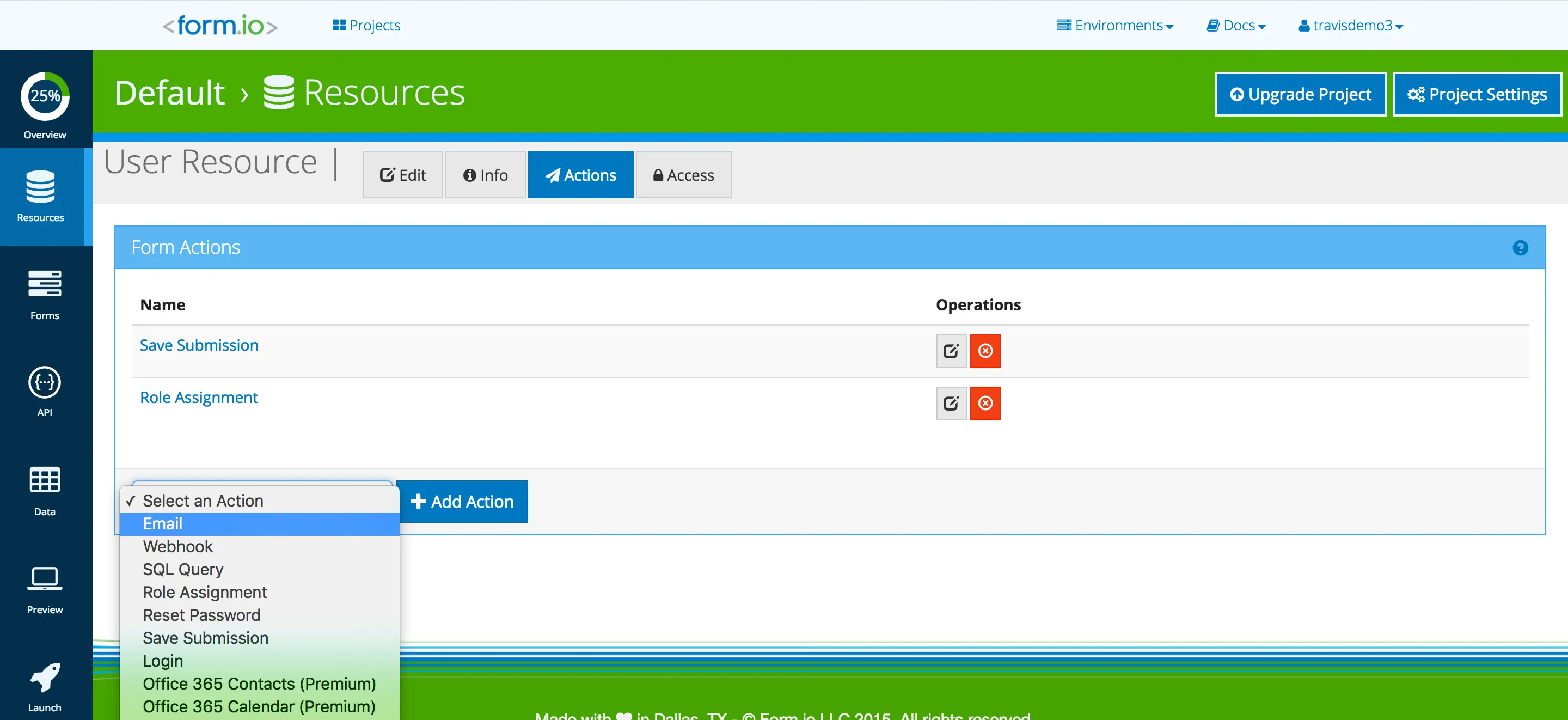 Form.io interface showing 'Add Action' dropdown with 'Email' selected.