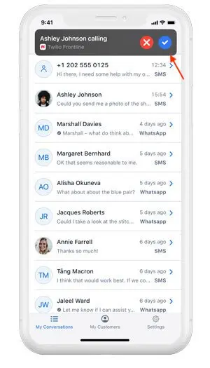 Mobile screen showing Twilio Frontline incoming call from Ashley Johnson with recent messages list.