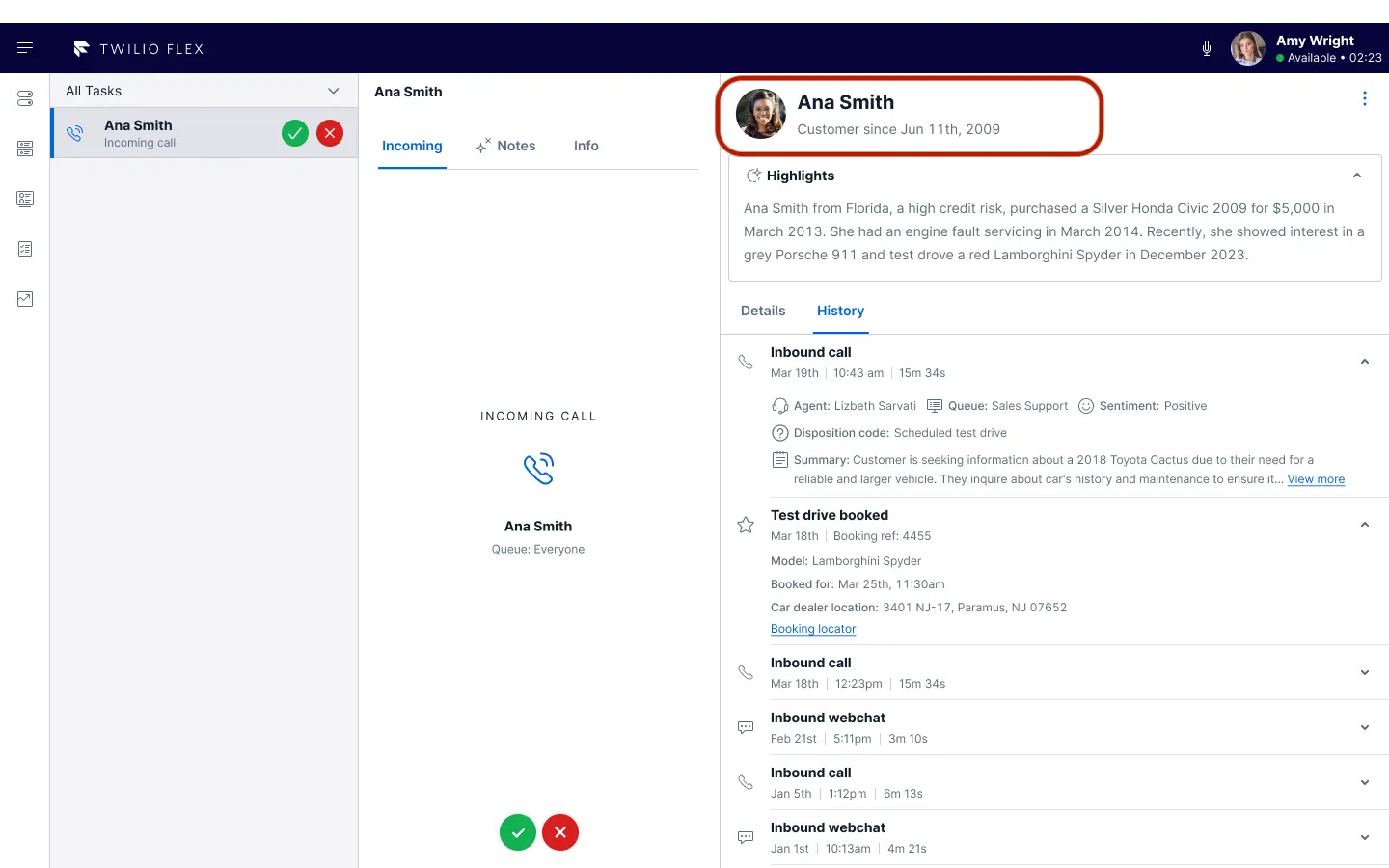 Flex UI with Ana Smith's profile highlighted, showing customer history and incoming call details.