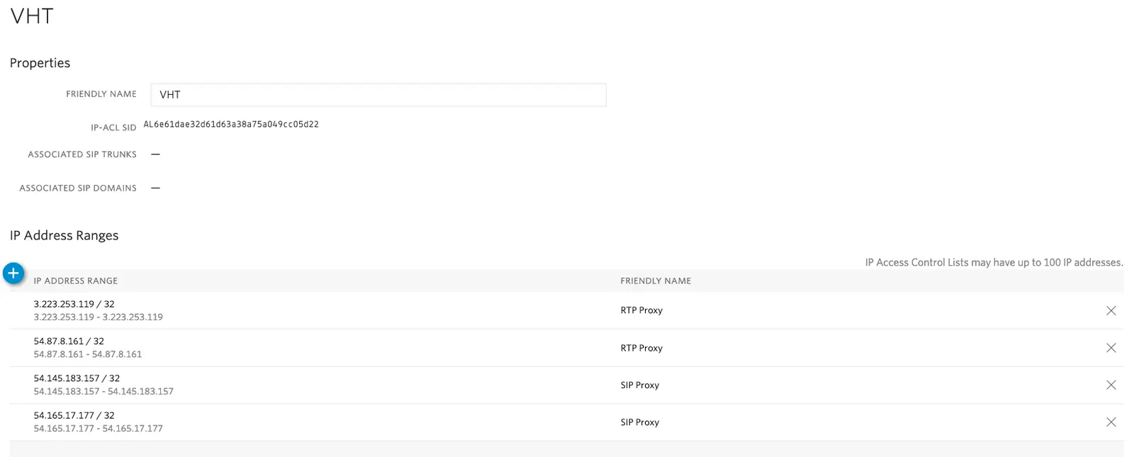 VHT properties with IP address ranges and friendly names for RTP and SIP proxies.