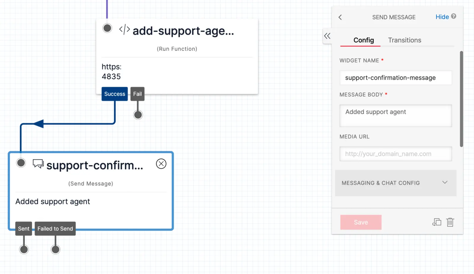 Twilio Studio Tutorial Conversations Send Message widget added to Canvas.