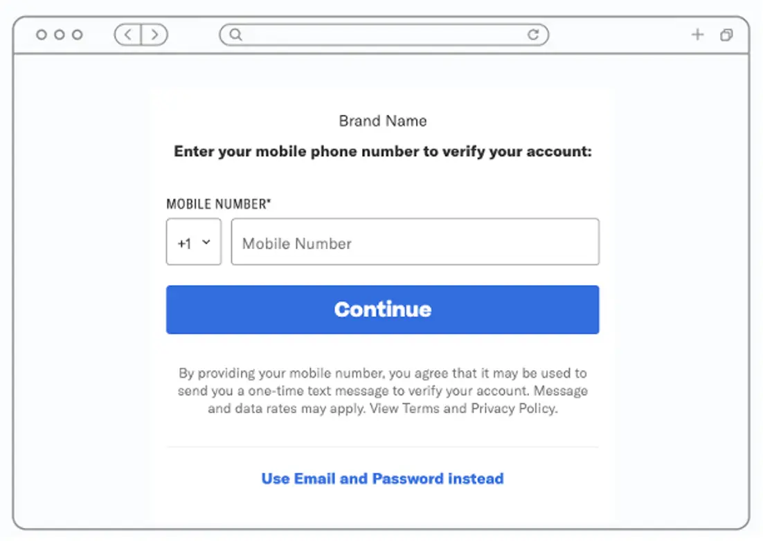 Compliant OTP request example - Enter phone number.