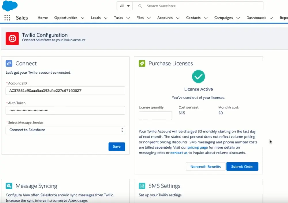 Twilio Configuration page showing account connection and license purchase options.
