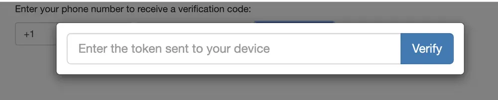 Modal with text field labeled 'Enter the token sent to your device' and a 'Verify' button.