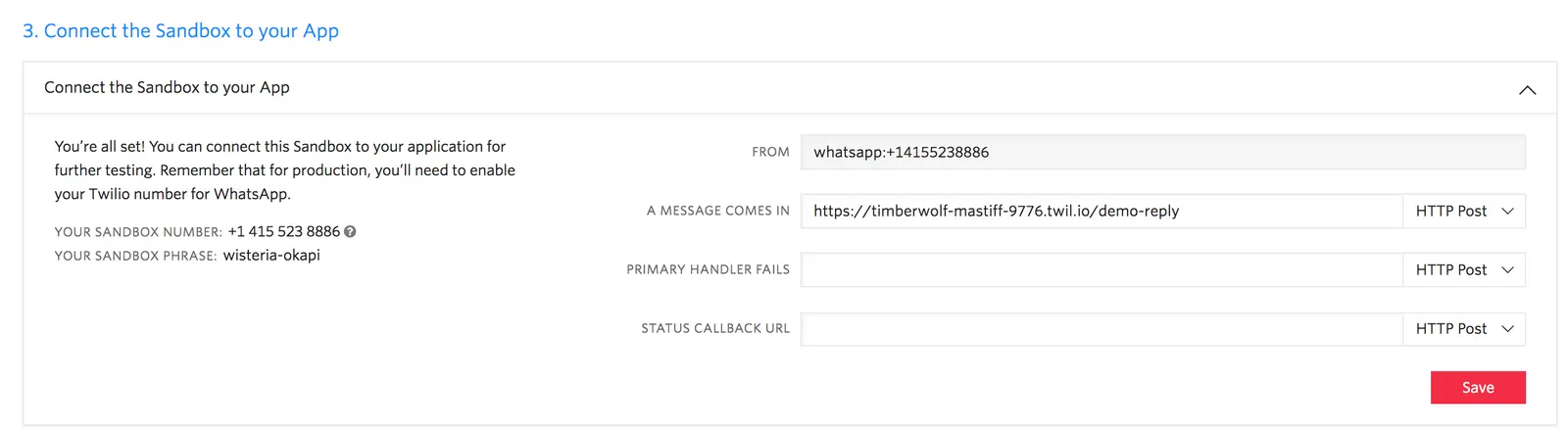 WhatsApp sandbox setup with number, phrase, and callback URL fields.