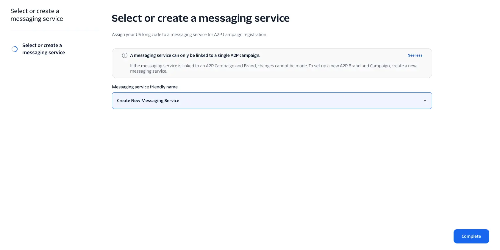 Select or create a messaging service screen with Create New Messaging Service selected.