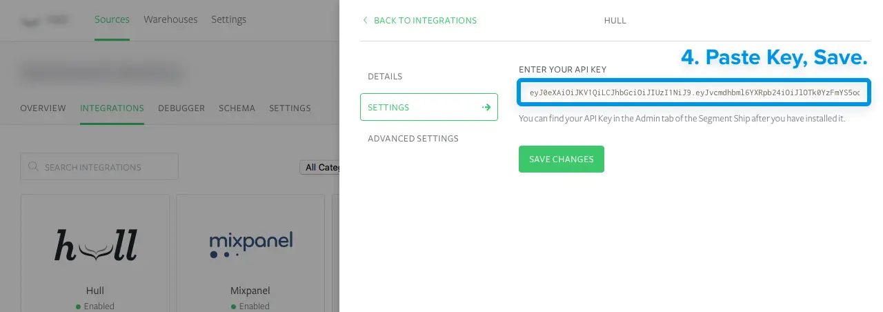 Hull integration settings with API key entry and save button highlighted.