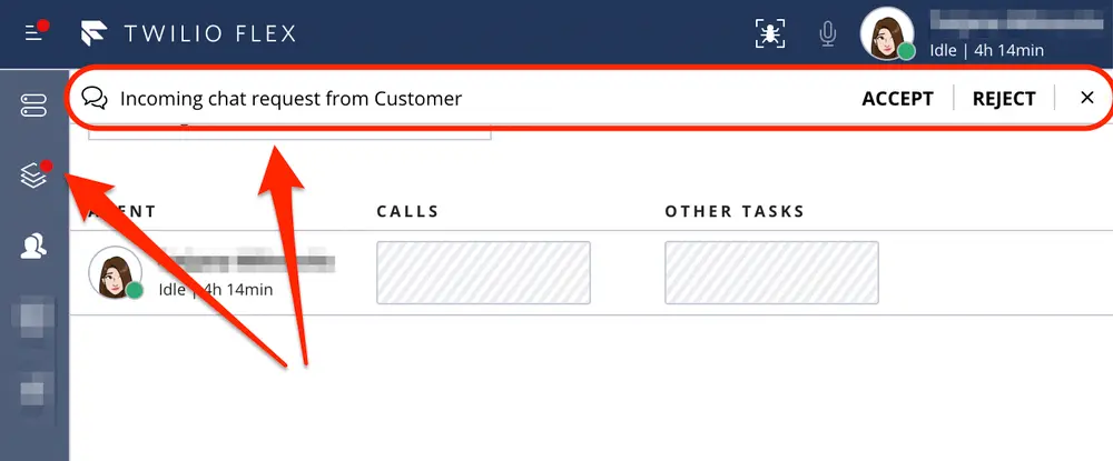 Twilio Flex interface showing incoming chat request with accept and reject options.