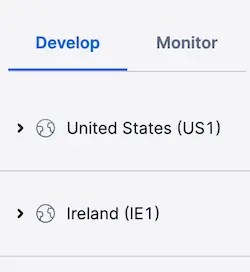 Region selection showing United States (US1) and Ireland (IE1) under Develop tab.