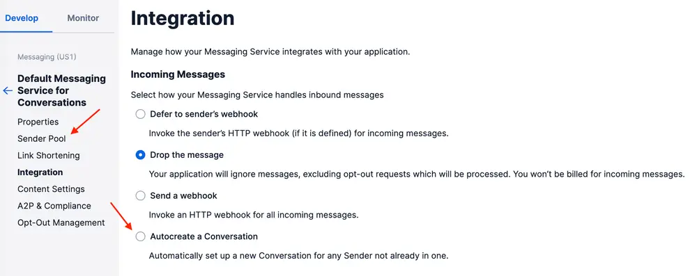 Integration settings for messaging service with options for handling incoming messages.