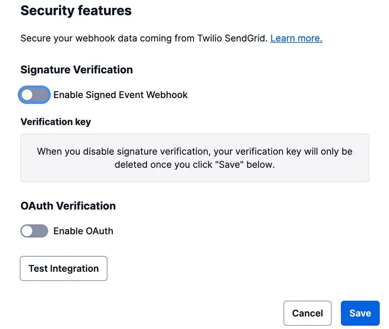 Security features settings with options for enabling signed event webhook and OAuth verification.