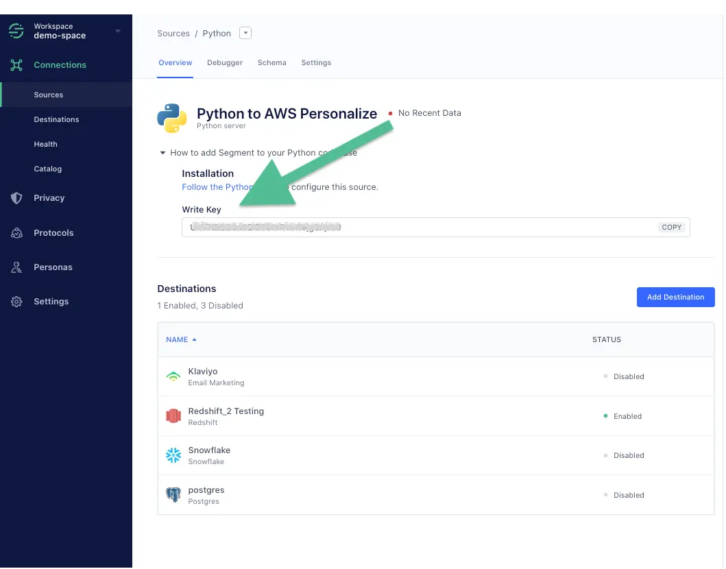 Segment overview panel showing Python to AWS Personalize with arrow pointing to Write Key field.