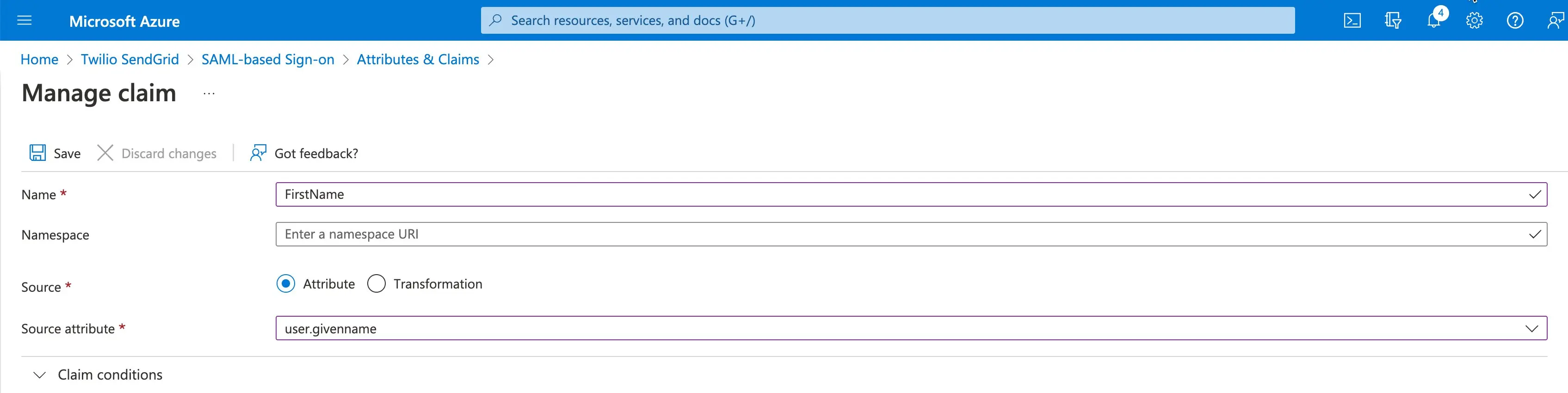 The FirstName attribute settings.