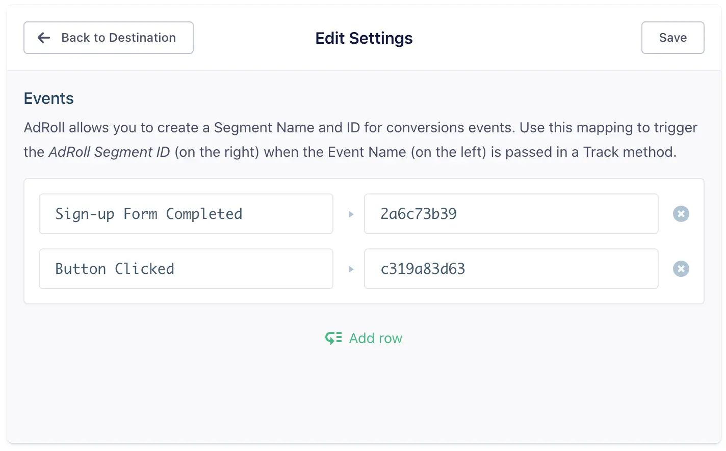 AdRoll event settings with Sign-up Form Completed and Button Clicked mapped to Segment IDs.