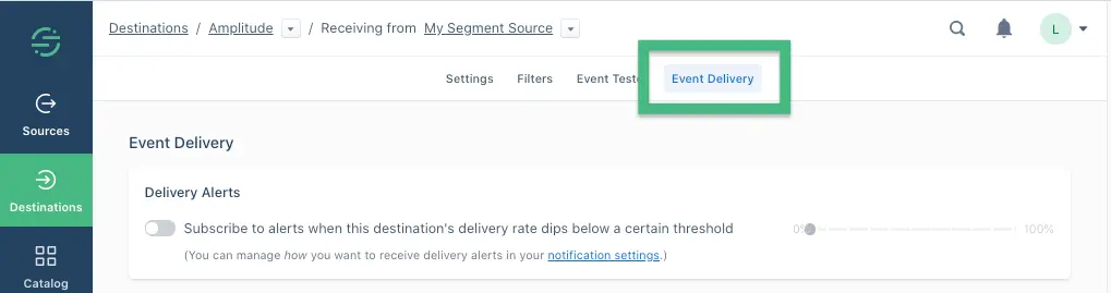 The Event Delivery tab highlighted in the destination settings.