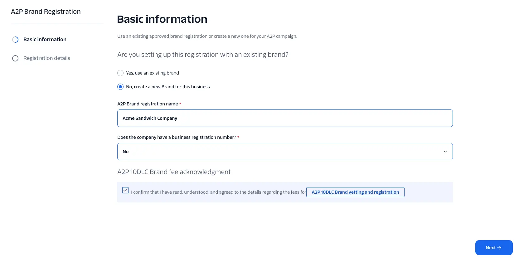 Basic information step with a new Brand selected, a Brand registration name, No for business registration number, and the fee acknowledgment checked.