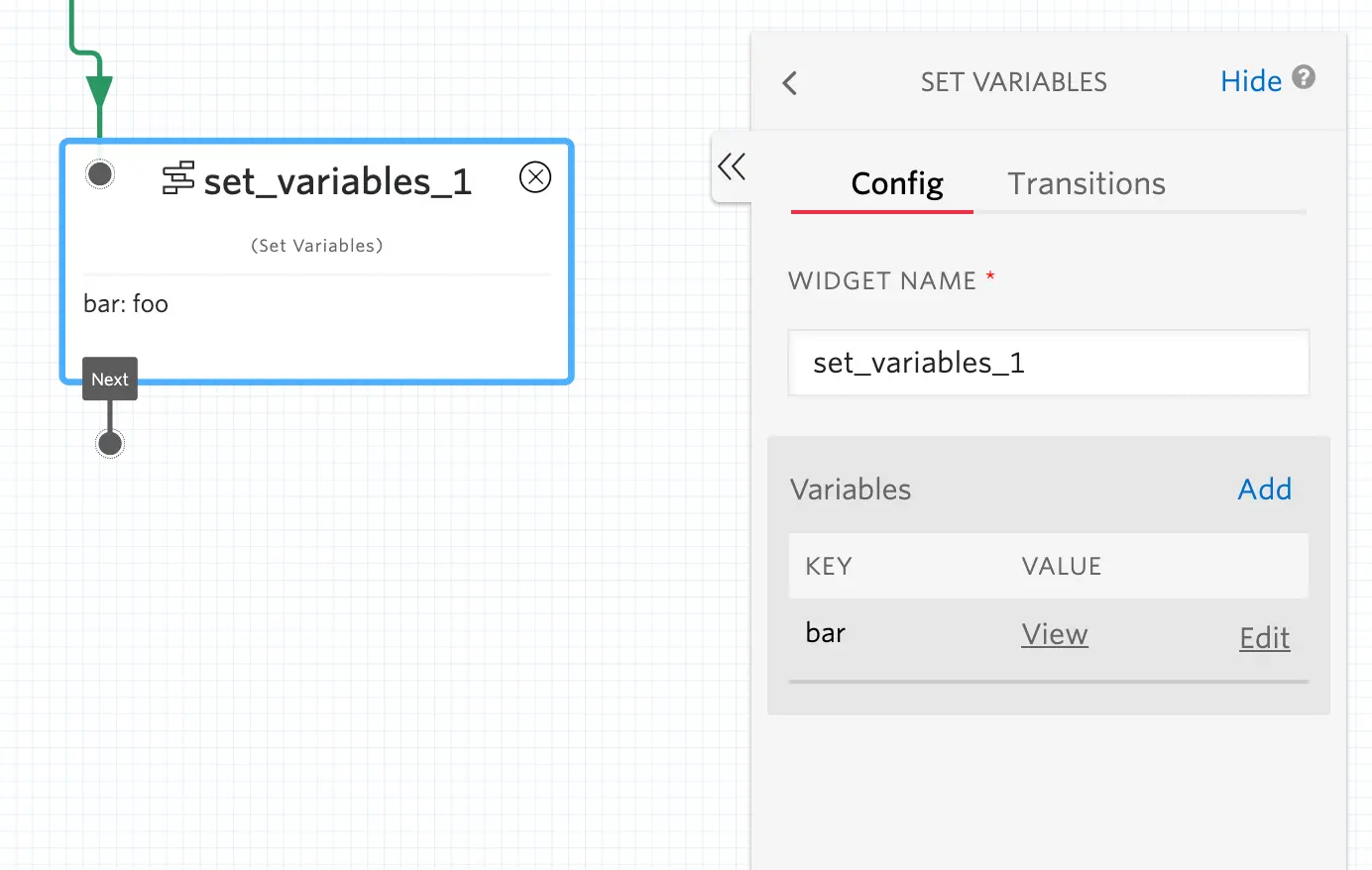 Studio Set Variables widget with key 'bar' and value 'foo'.