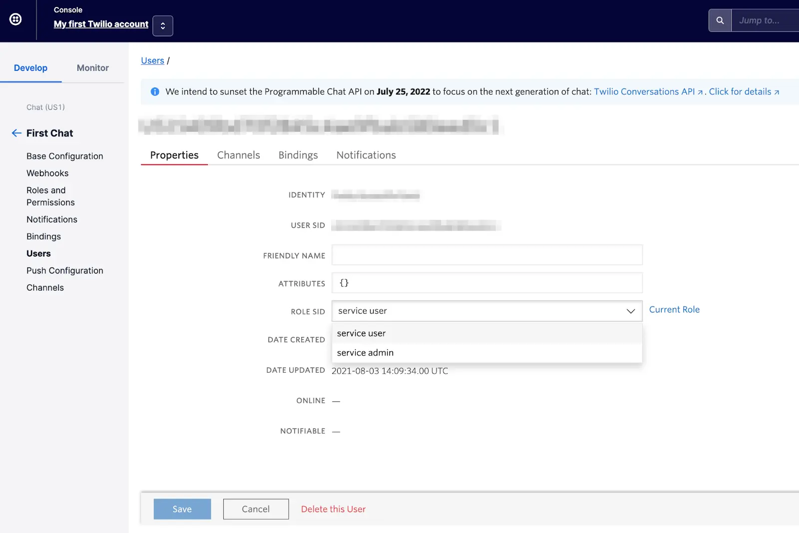 Twilio user properties screen showing identity, role, and date updated.