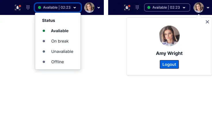 User status dropdown with options and profile card with logout button.
