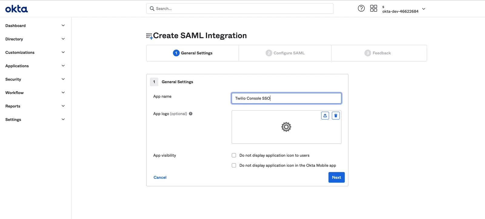 Okta Create SAML Integration with Twilio Console SSO app name input.