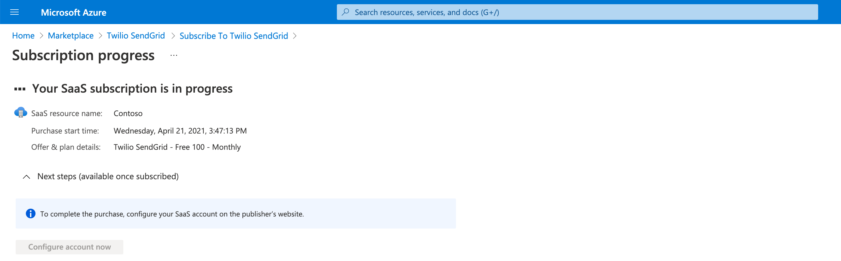 The Twilio SendGrid subscription in progress.