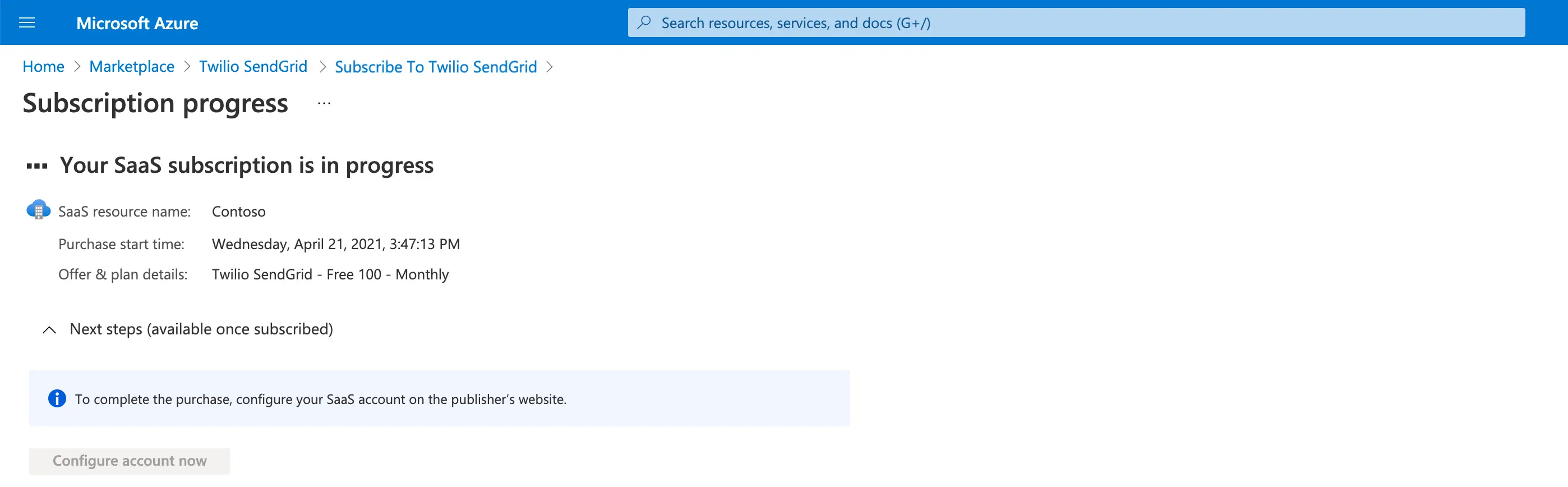 Azure subscription progress for Twilio SendGrid with Contoso as SaaS resource name.