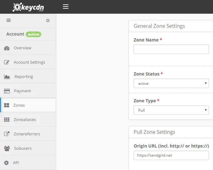 KeyCDN interface showing general and pull zone settings with active status and sendgrid.net URL.