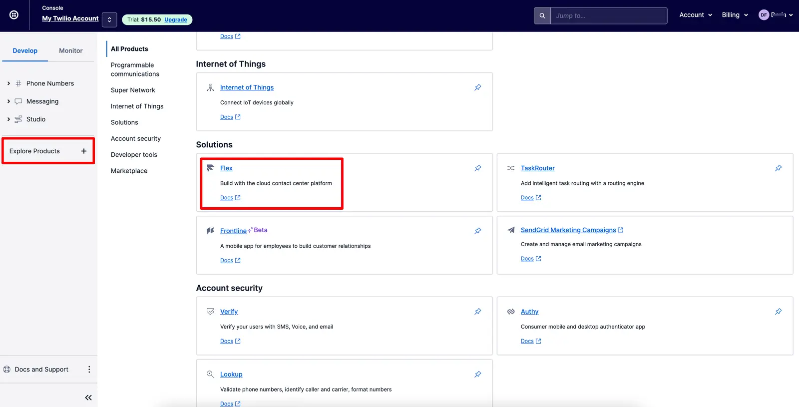 Twilio Console showing Flex under Solutions for cloud contact center platform.