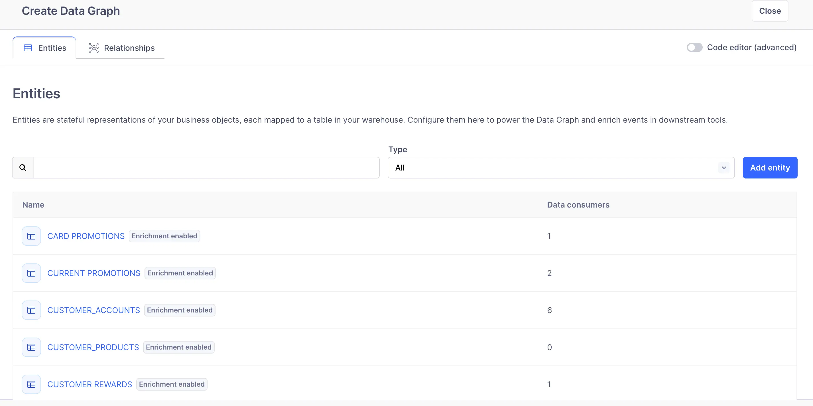 Entities tab showing list of business objects with enrichment enabled and data consumers count.