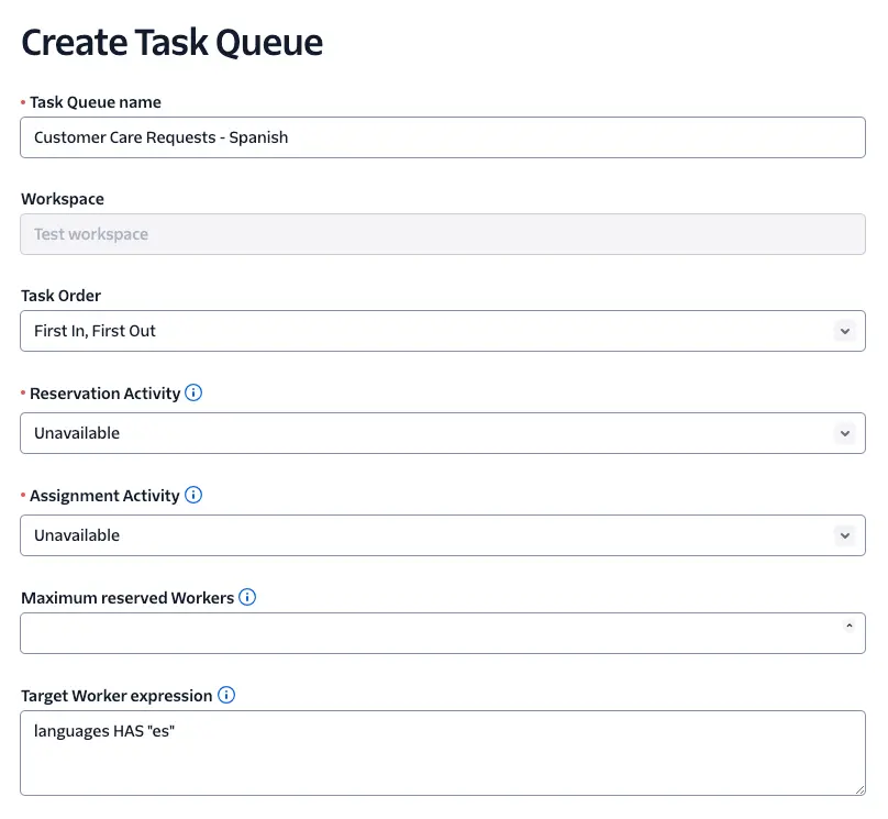 Create Task Queue form with fields for name, workspace, task order, reservation and assignment activity, and target worker expression.