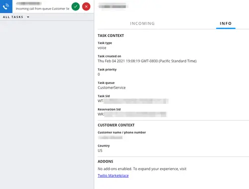 Task info tab showing task type, priority, queue, and customer context details.